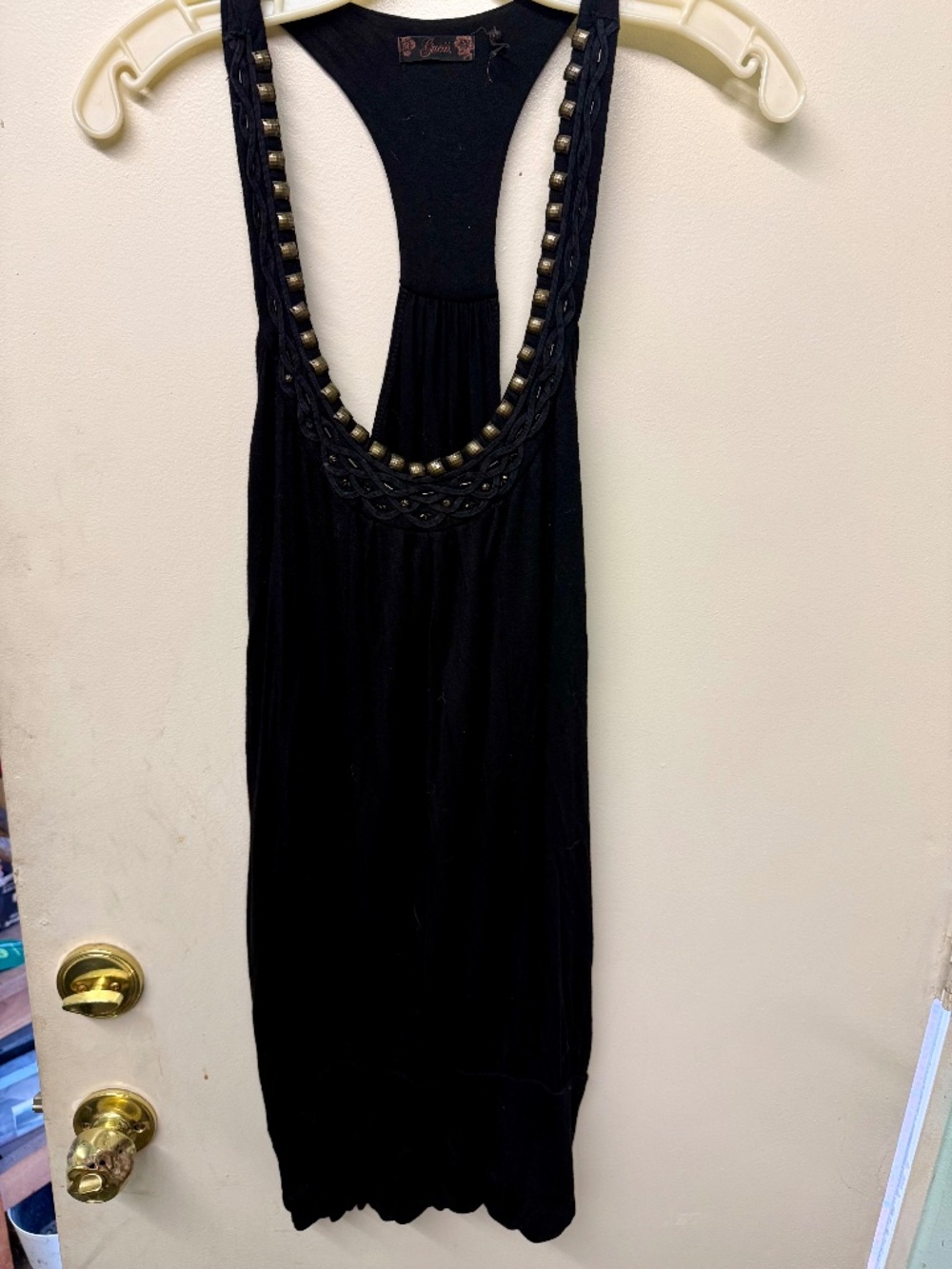 Guess Black Racerback Mini Bubble Dress with Gold Beaded Detailing | Party Dress